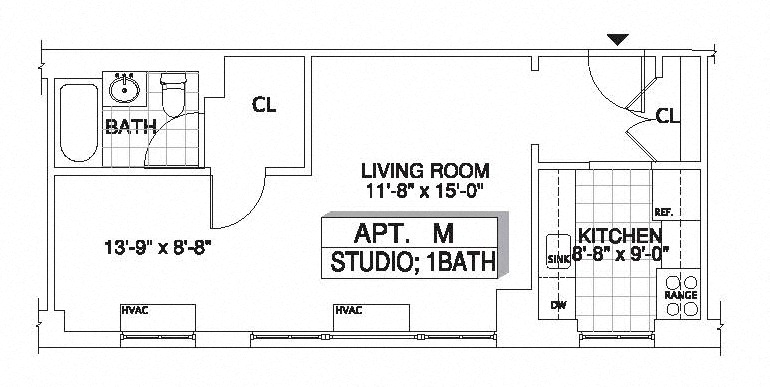 Floor plan for studio, 1 bath, 573 sqft